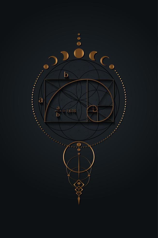 gulden snede, fibonacci volgnummer, mystieke levensbloem en maanstanden, heilige geometrie. gouden goddelijke proportie wicca banner, energie cirkels, boho stijl vector geïsoleerd op zwarte achtergrond