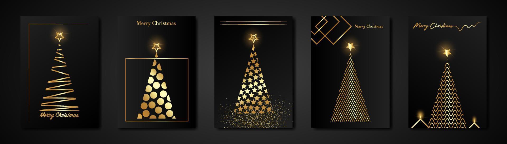 set kaarten kerstboom goud textuur, gouden luxe zwarte moderne achtergrond, gouden vector gestileerde vrolijk kerstfeest, banner pictogram feestelijke thema wintervakantie uitnodigingen met geometrische decoraties