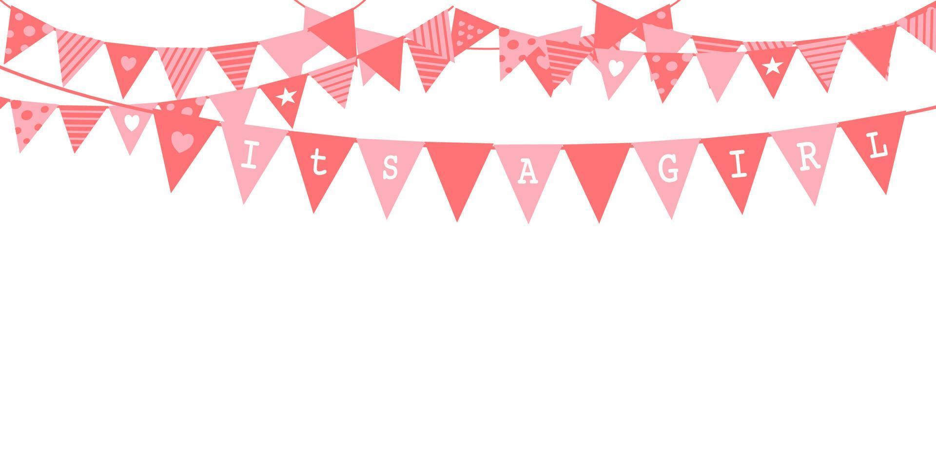 het is een baby shower-concept voor meisjes met roze wimpels die erboven hangen. vector illustratie feestuitnodiging met carnaval vlag slingers.