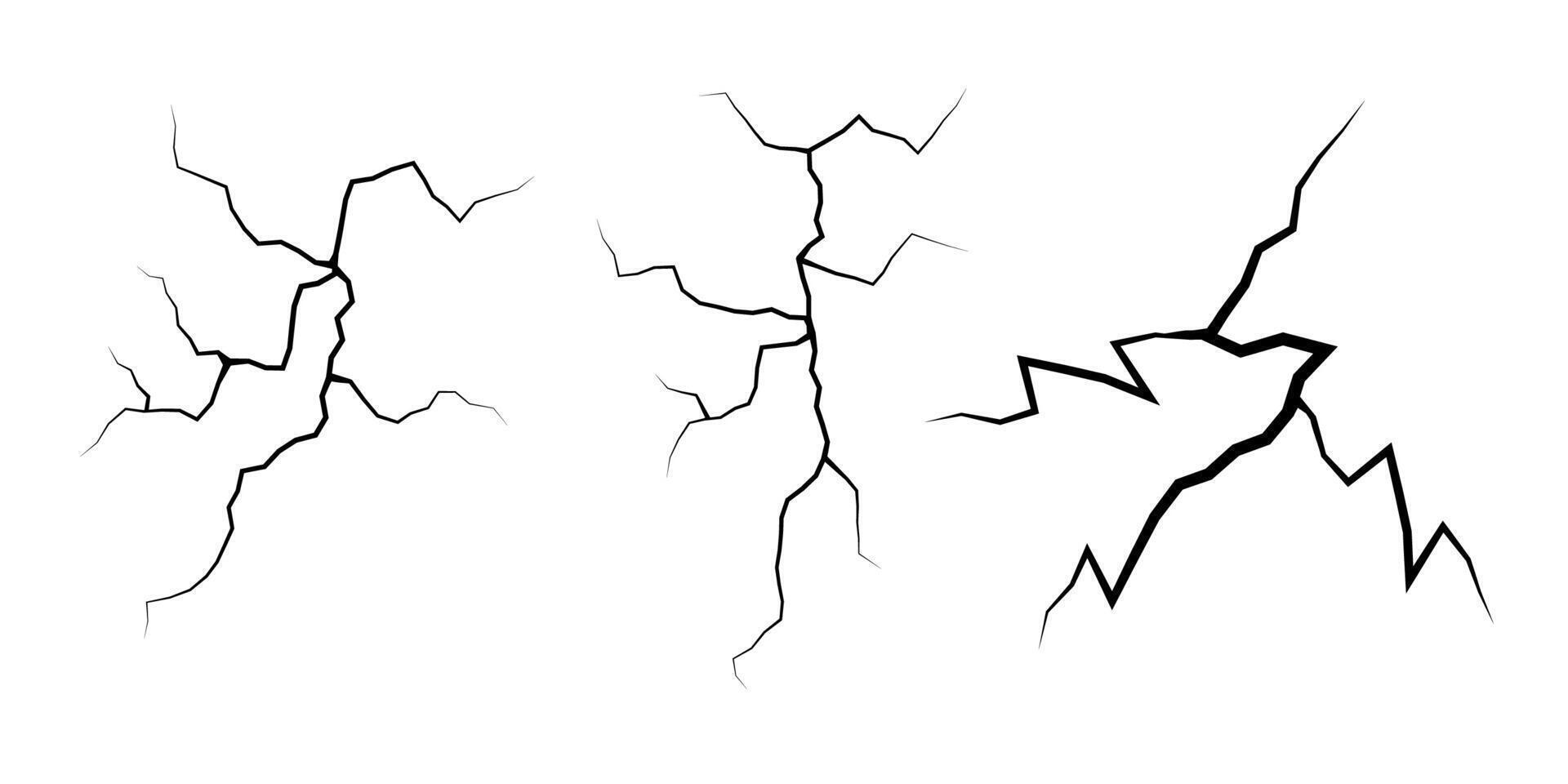 reeks van scheuren. verzameling van verschillend zwart bliksem bouten. aarde scheur. reeks onweersbui en bliksem. vector illustratie van natuurlijk fenomenen Aan wit achtergrond.