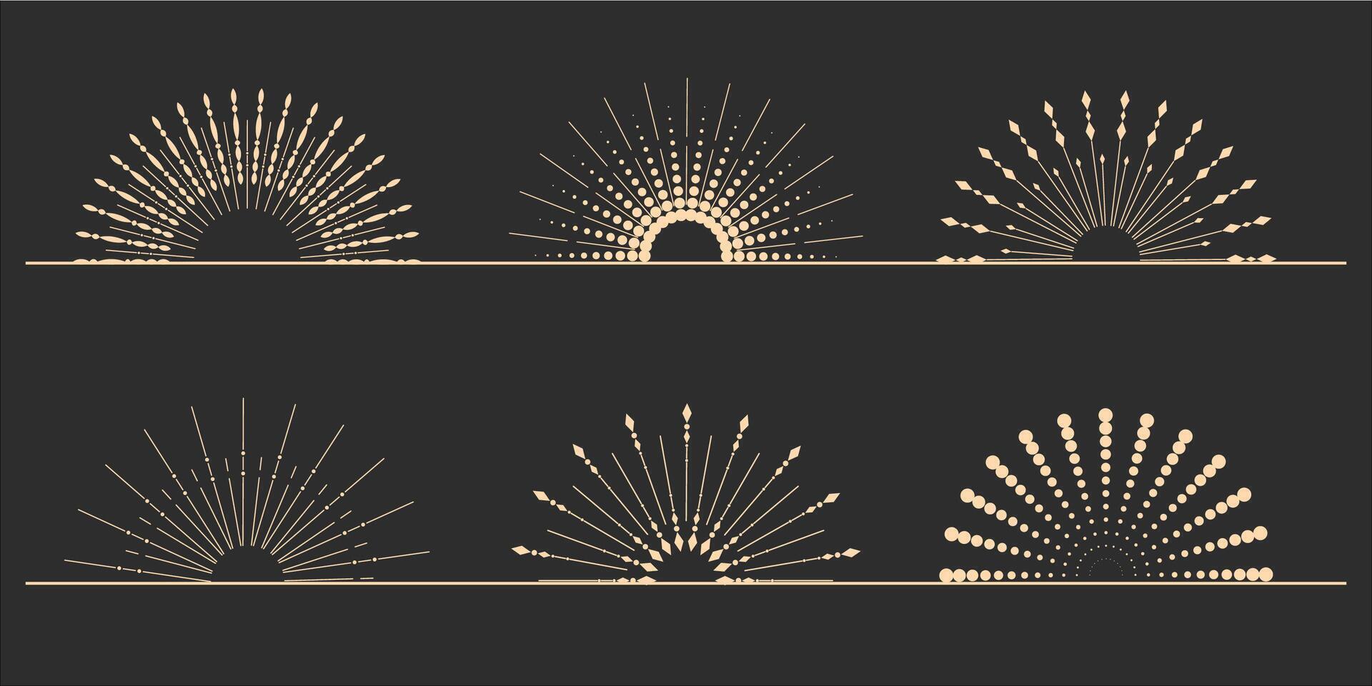 zonnestraal. reeks van licht stralen, zonnestralen, en zonne- stralen. ontwerp elementen, lineair tekening, wijnoogst hipster stijl. reeks licht stralen, zonnestralen van verschillend maten en intensiteiten tegen een licht achtergrond. vector