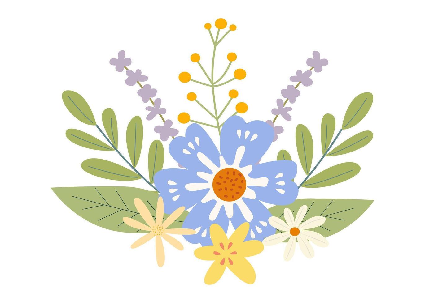 mooi voorjaar of zomer boeket Aan een wit achtergrond. schattig hand- getrokken vlak vector bloemen, bladeren, bessen. vector illustratie voor kaart, banier, poster, bruiloft uitnodiging. bloemen voorjaar poster.