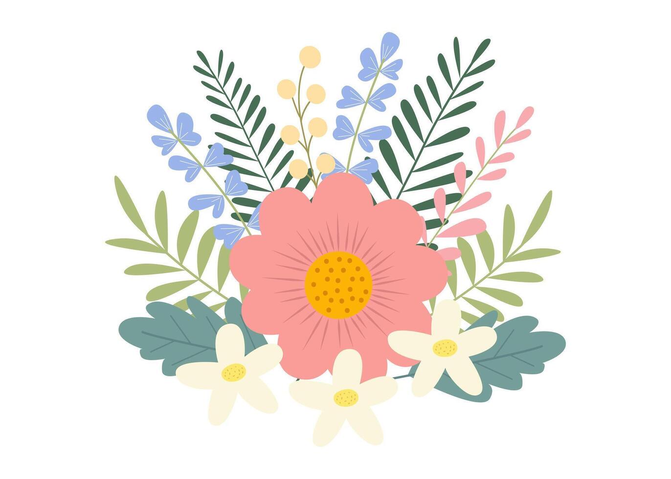 mooi voorjaar of zomer boeket Aan een wit achtergrond. schattig hand- getrokken vlak vector bloemen, bladeren, bessen. vector illustratie voor kaart, banier, poster, bruiloft uitnodiging. bloemen voorjaar poster.