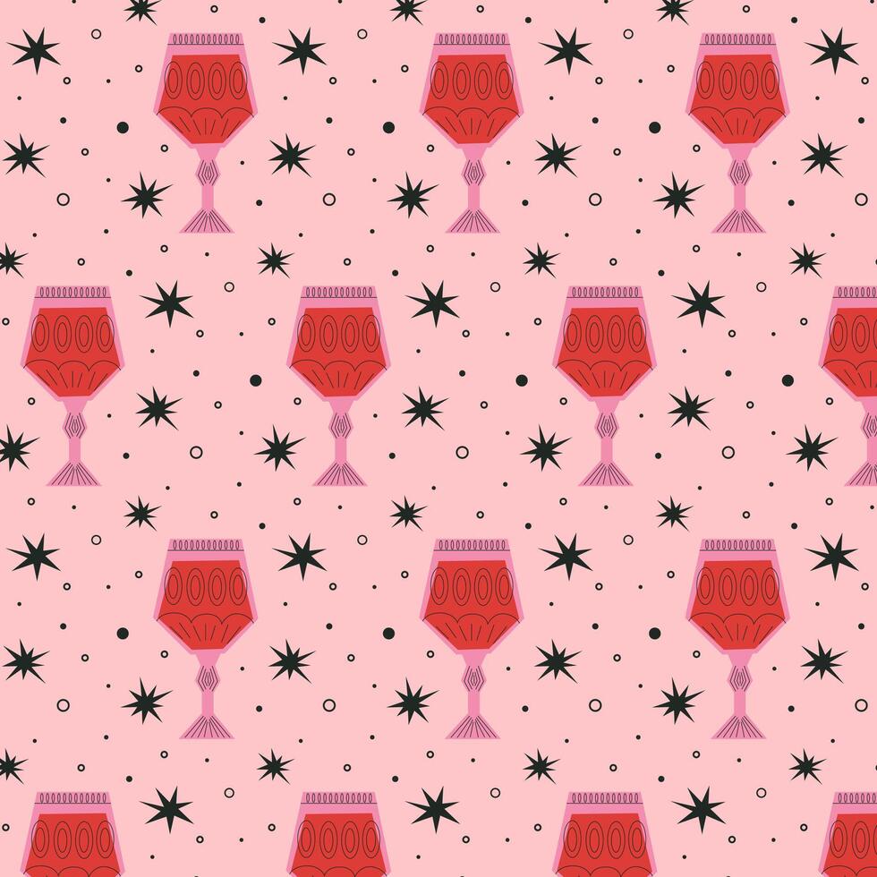 patroon met alcoholisch cocktails in bril van verschillend vormen in rood en roze kleuren. drankjes in verschillend types van wijnoogst bril. modern ontwerp voor groet kaarten, affiches, inpakken, pak papier. vector