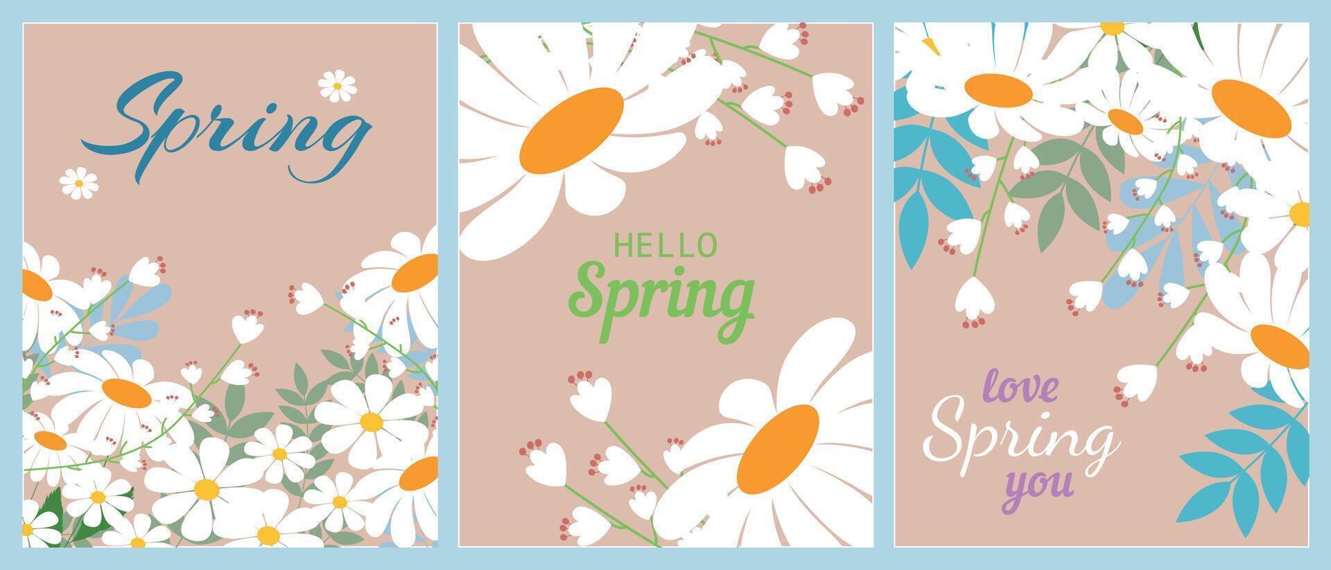 een reeks van poster ontwerpen Aan de thema van natuur, lente, schoonheid, mode met delicaat madeliefjes. natuurlijk voorjaar achtergrond, omslag, uitverkoop banier, folder ontwerp. sjabloon voor reclame. vector