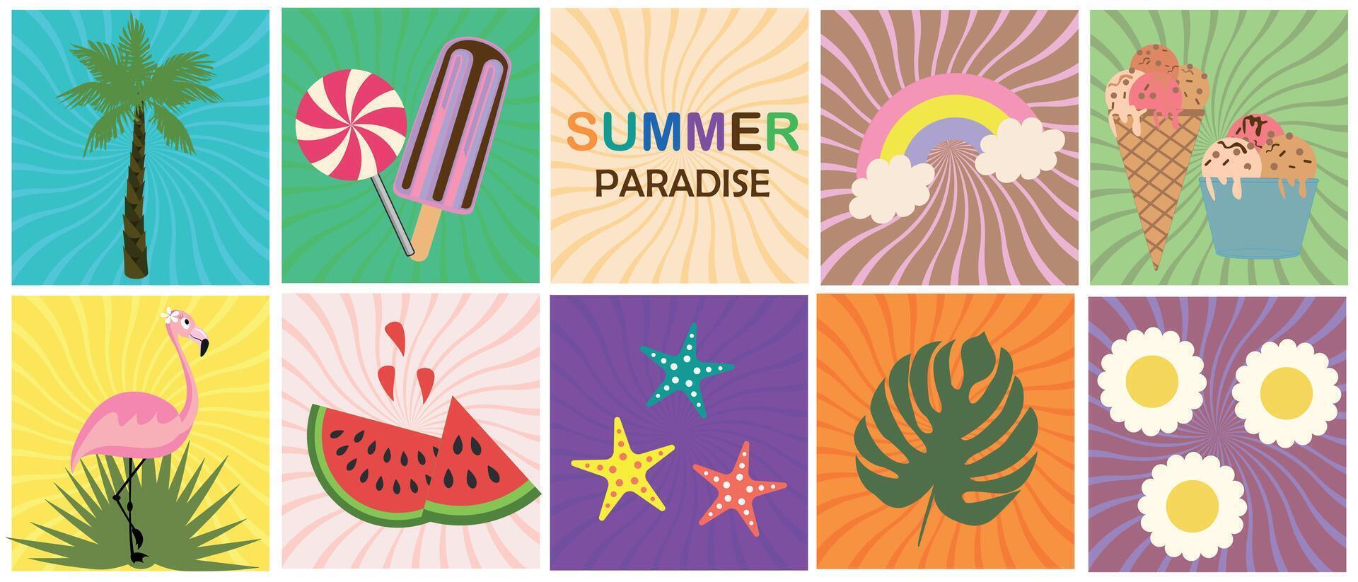 reeks van zomer posters in retro stijl. zomer vector elementen watermeloen, ijs room, tropisch bladeren, palm, regenboog, kamille, flamingo. Hallo vakantie of zomer vector banners set.