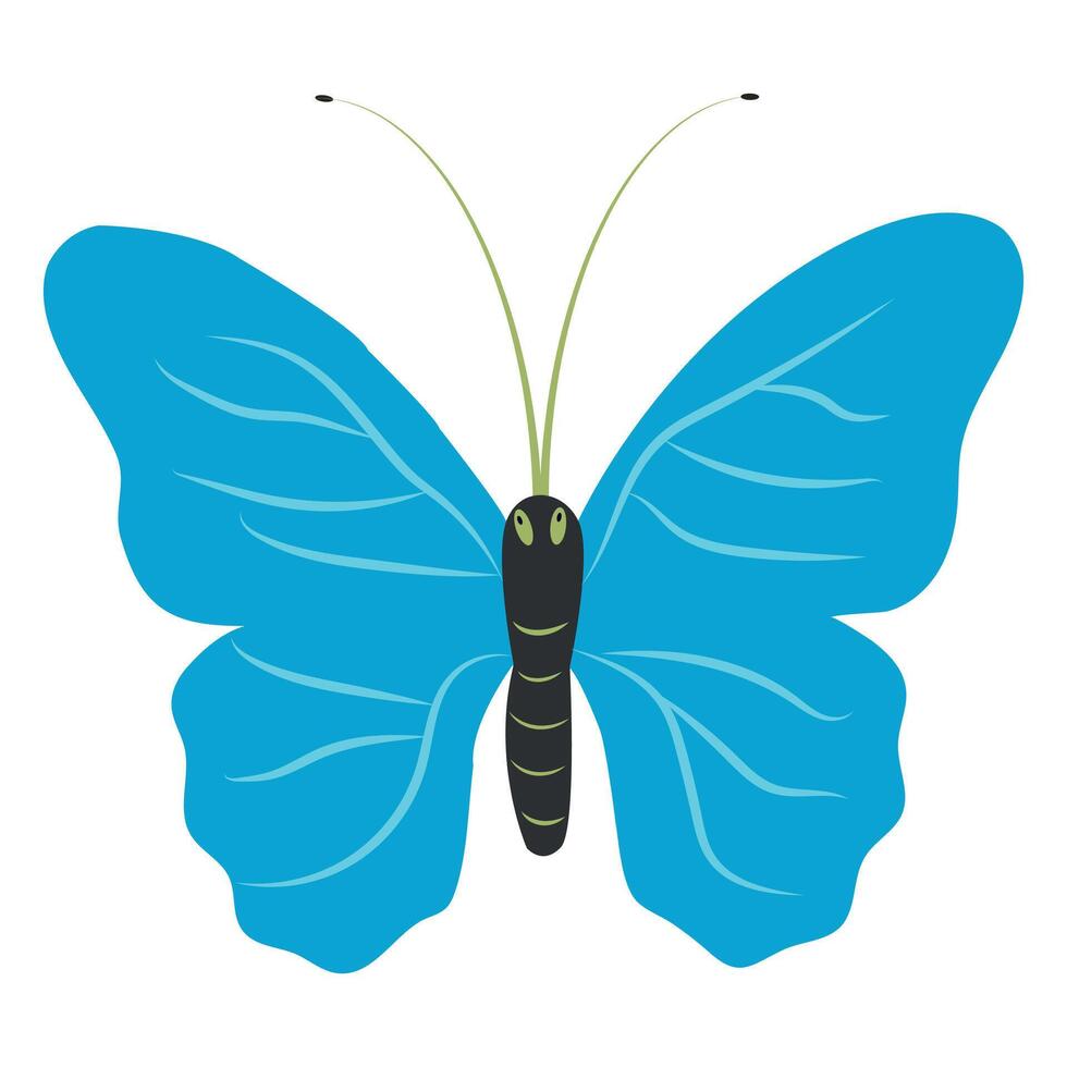 een vlinder met uitgestrekt helder blauw Vleugels, top visie, een migrerend insect personifiëren zomer en de schoonheid van natuur. vector