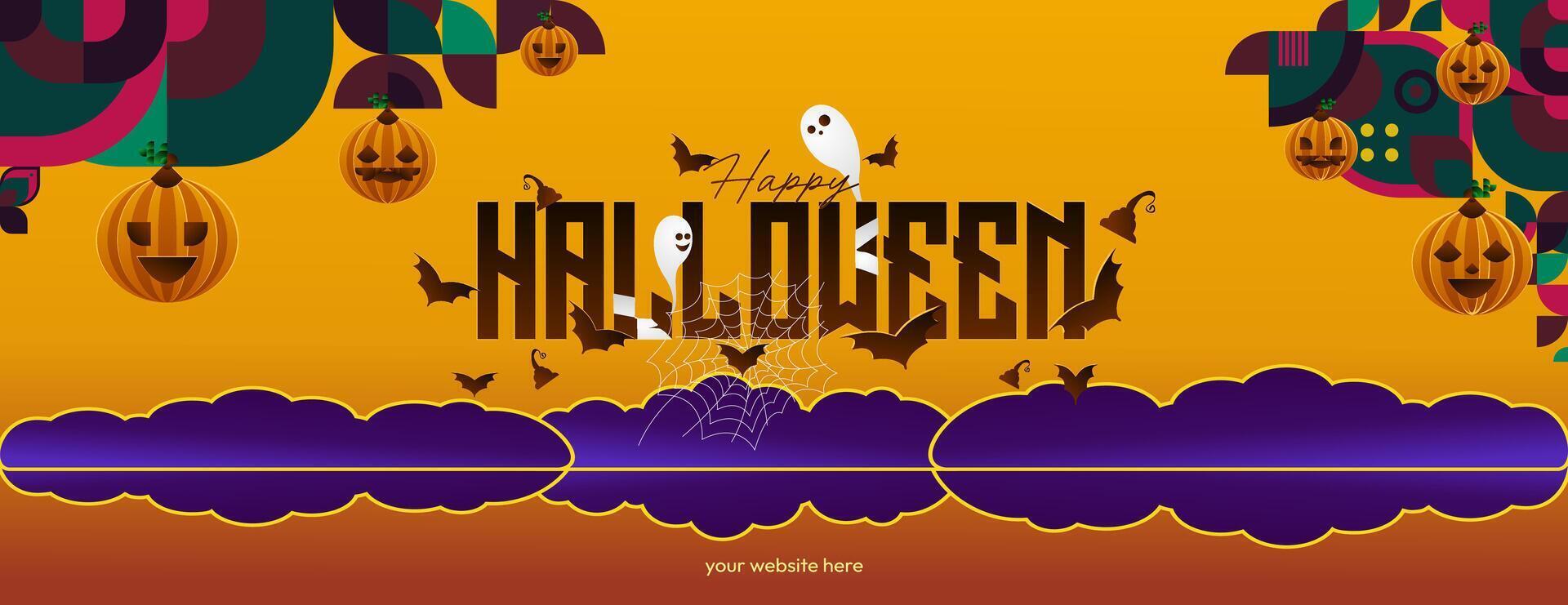 gelukkig halloween horizontaal achtergrond in meetkundig stijl. gelukkig halloween Hoes met pompoenen, spin webben en typografie. geschikt voor groet kaarten en partij uitnodigingen voor halloween vieringen vector
