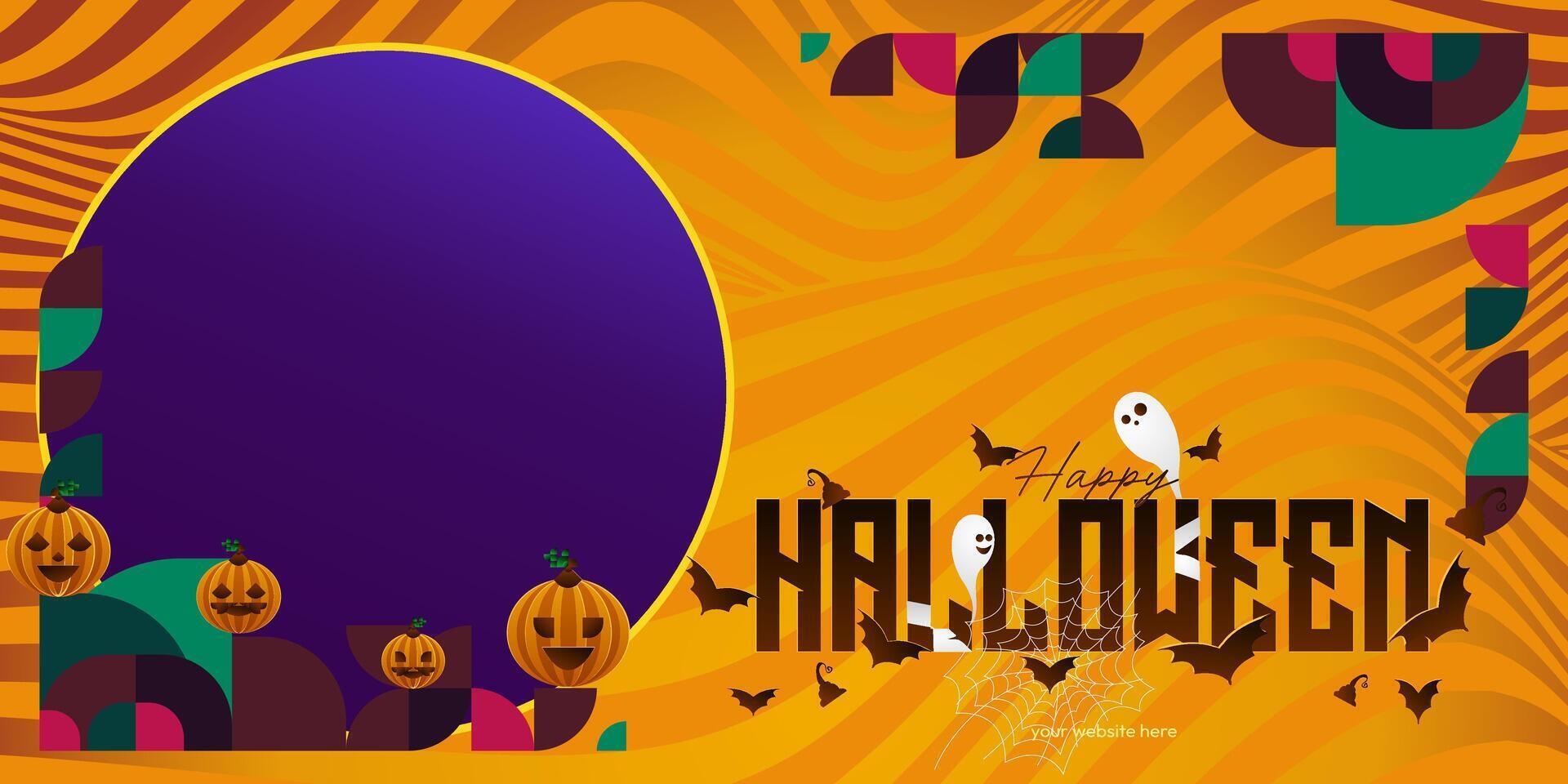 gelukkig halloween achtergrond in meetkundig stijl. gelukkig halloween Hoes met pompoenen, spin webben en typografie. geschikt voor affiches, groet kaarten en partij uitnodigingen voor halloween vieringen vector