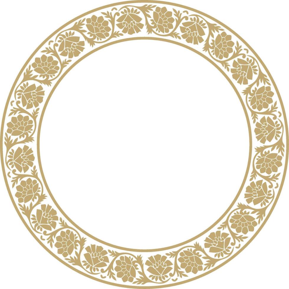 vector ronde gouden Indisch nationaal ornament. etnisch fabriek cirkel, grens. kader, bloem ring. klaprozen en bladeren.