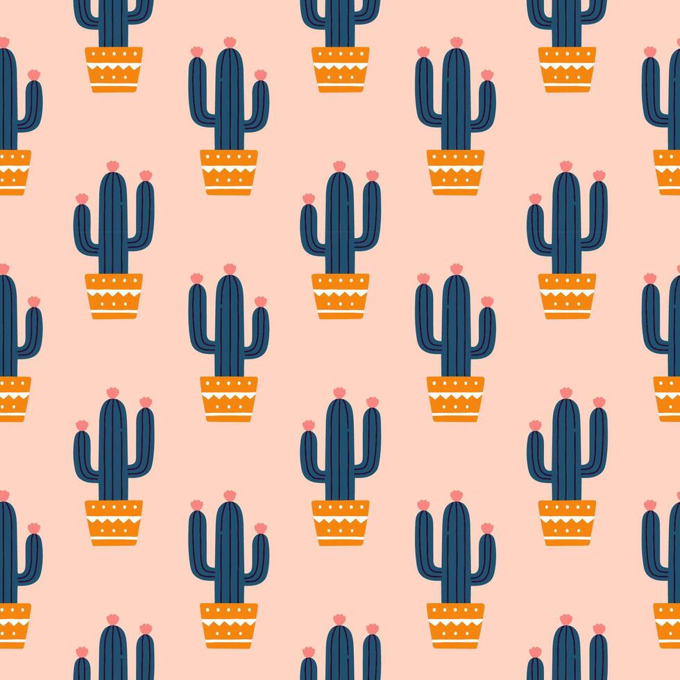 schattig cactus naadloos patroon. Mexicaans cactus in pot. woestijn doornig plant, Mexico cactussen bloem en tropisch huis planten. flora geïsoleerd vector patroon