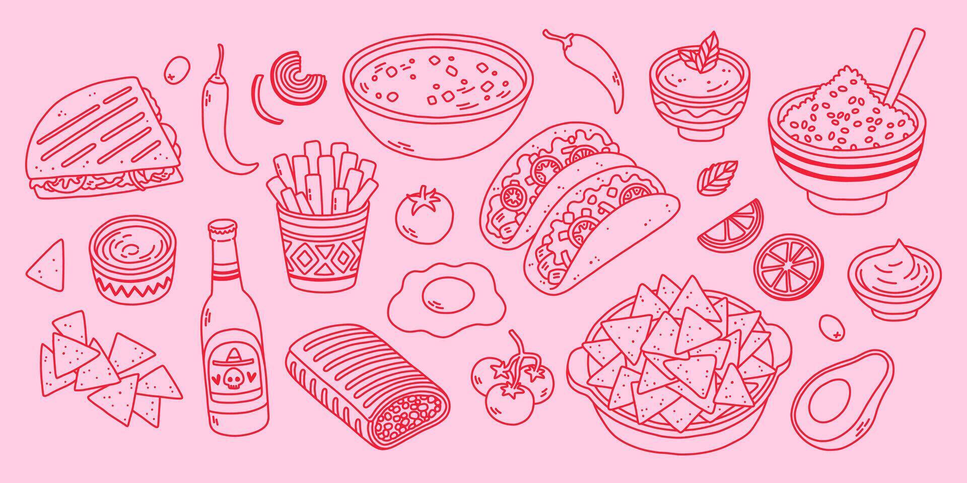 modieus Mexicaans voedsel lijn kunst in roze kleuren. lijn kunst vector hand- getrokken tekening tekenfilm reeks van Mexicaans voedsel thema artikelen, voorwerpen en symbolen. vector illustratie