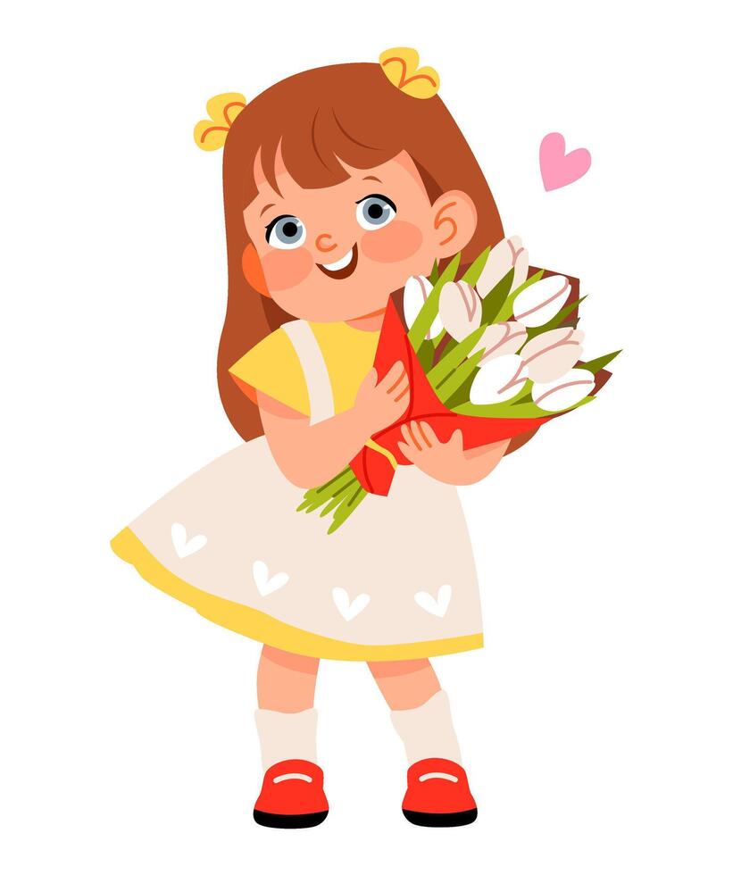 schattig baby meisje met een boeket van tulpen, geïsoleerd Aan een wit achtergrond. vector vlak illustratie voor moeder dag of verjaardag groet kaart