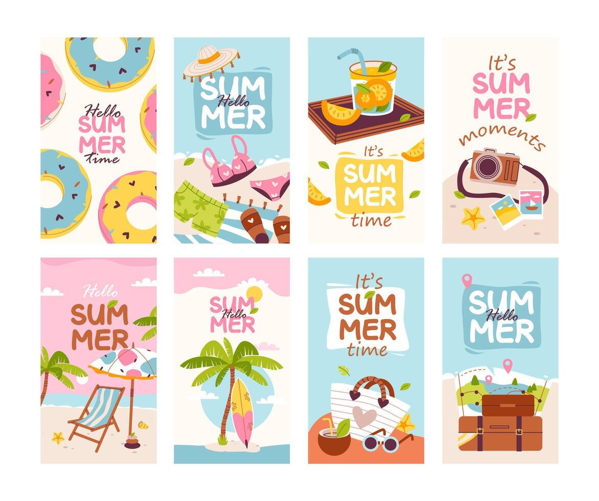 Hallo zomer slogan, zomer banier of poster. vector sjabloon met zomer schattig elementen