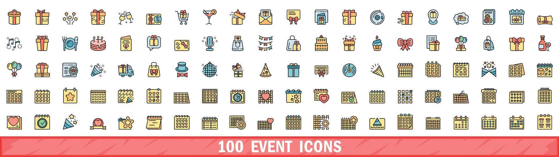 100 evenement pictogrammen set, kleur lijn stijl vector