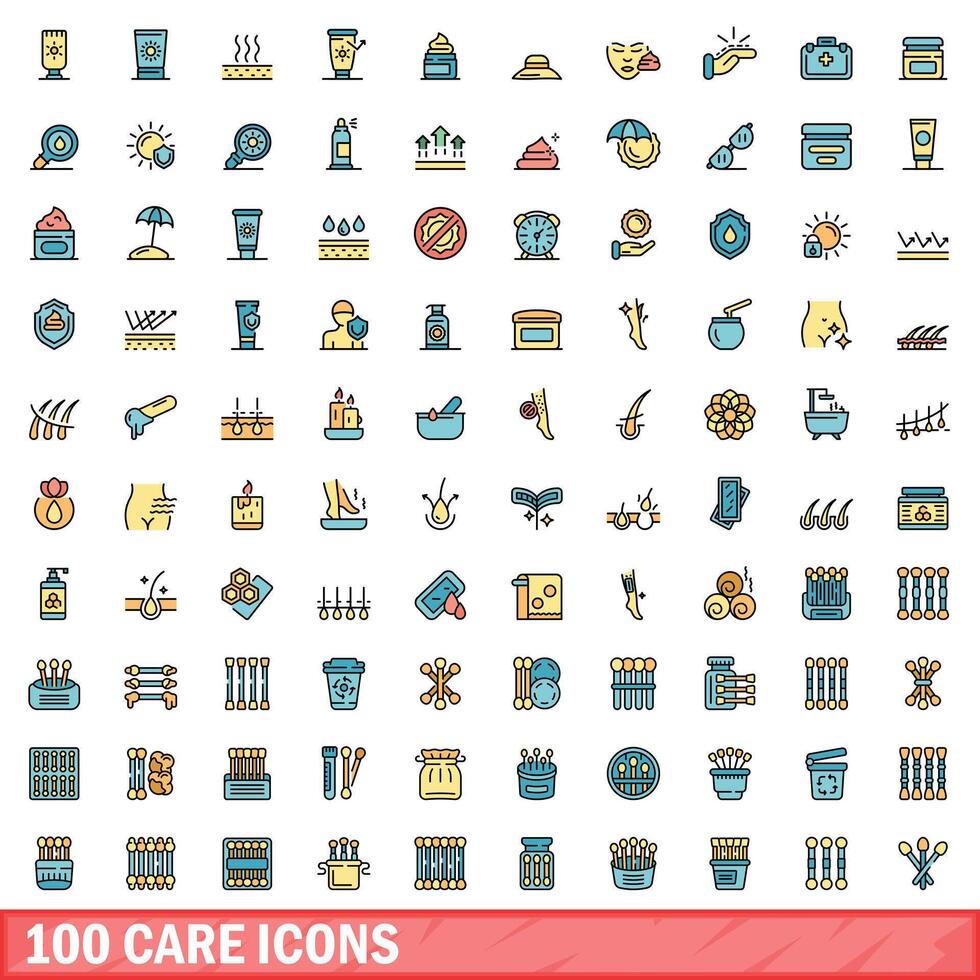 100 zorg pictogrammen set, kleur lijn stijl vector