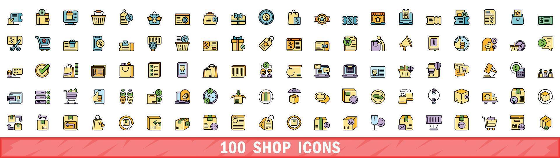 100 winkel pictogrammen set, kleur lijn stijl vector