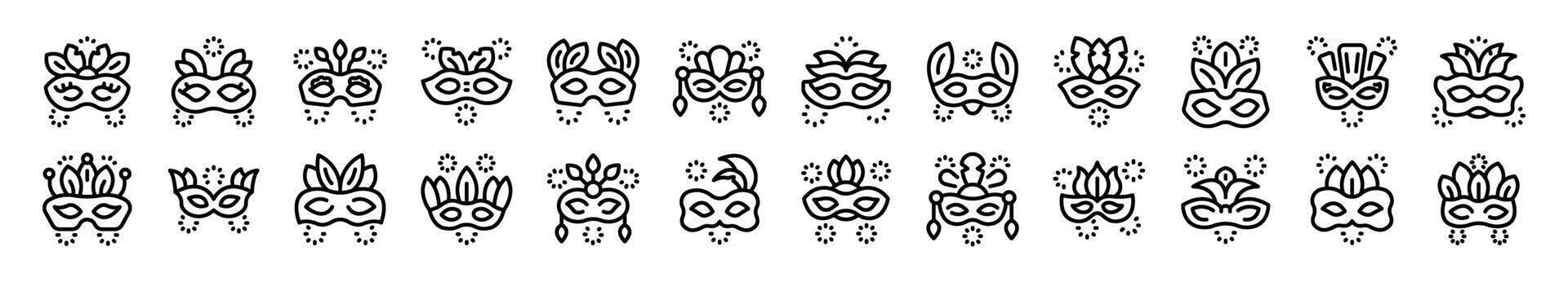 gezicht masker veren pictogrammen reeks schets vector. carnaval tonen festival vector