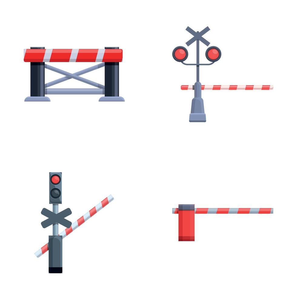 spoorweg barrière pictogrammen reeks tekenfilm vector. Open en Gesloten spoorweg barrière vector