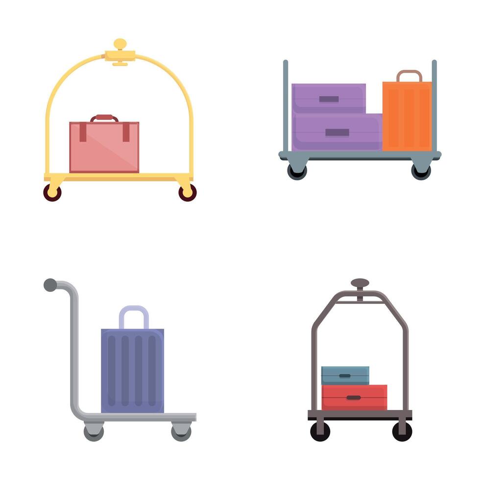 bagage trolley pictogrammen reeks tekenfilm vector. divers reizen koffer Aan kar vector