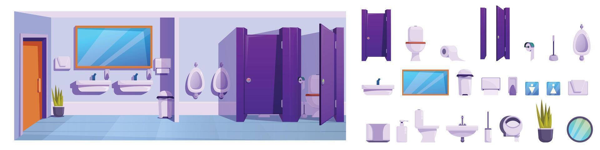school- toilet interieur pictogrammen reeks tekenfilm vector. openbaar toilet vector
