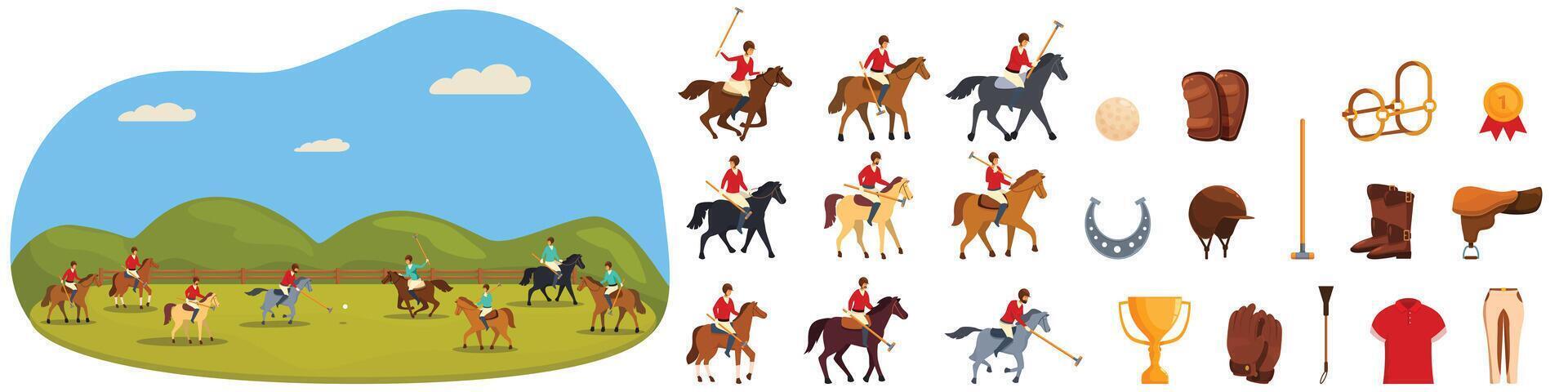 paard rijder spelen polo's spel pictogrammen reeks tekenfilm vector. sport hamer vector