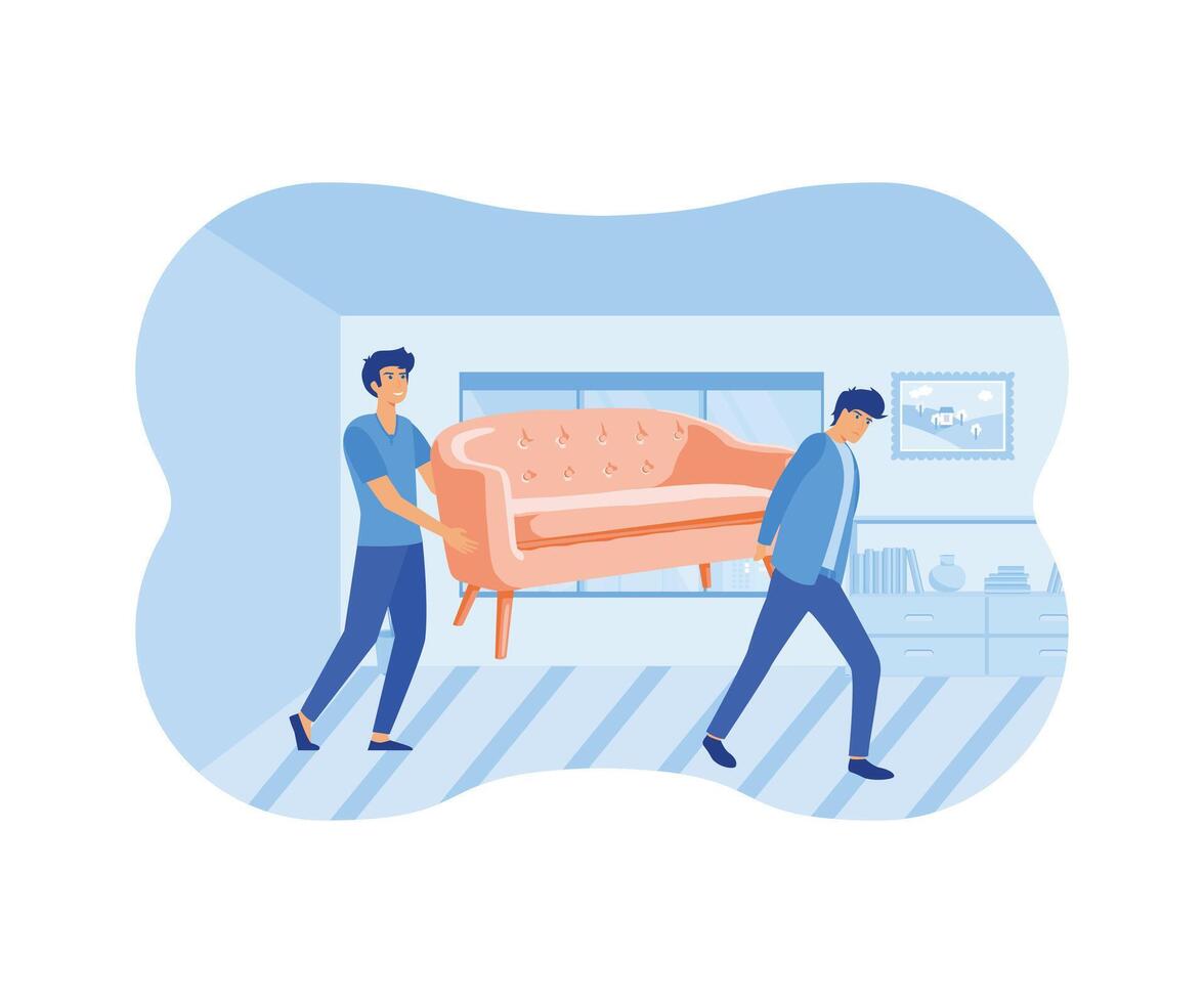 huis reparatie Diensten, professioneel arbeiders. jongens Actie sofa meubilair in kamer. vlak vector modern illustratie