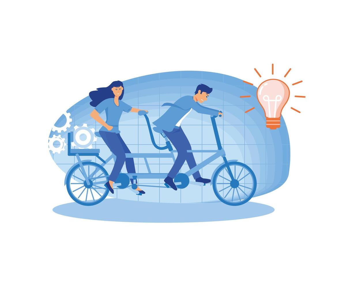 creatief idee samenspel concept. bedrijf team rijden tandem fiets. zakenman en zakenvrouw tekens Aan fiets. samenwerking leiderschap metafoor. vlak vector modern illustratie