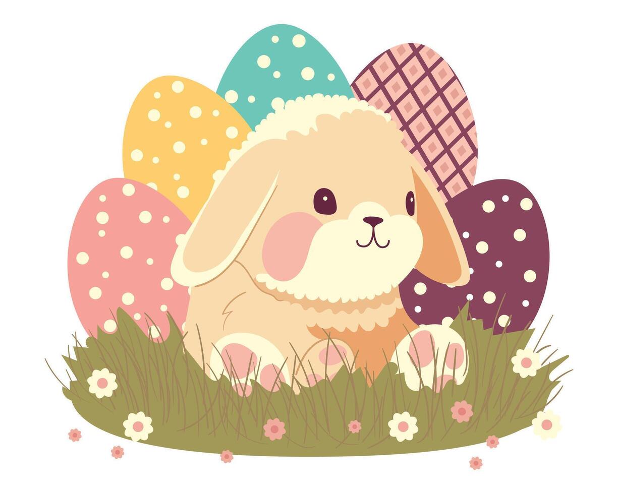 schattig Pasen konijn met een ei. feestelijk voorjaar clip art of sticker. hand- getrokken vector illustratie.