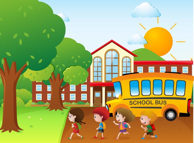 Kinderen gaan naar school met de schoolbus vector