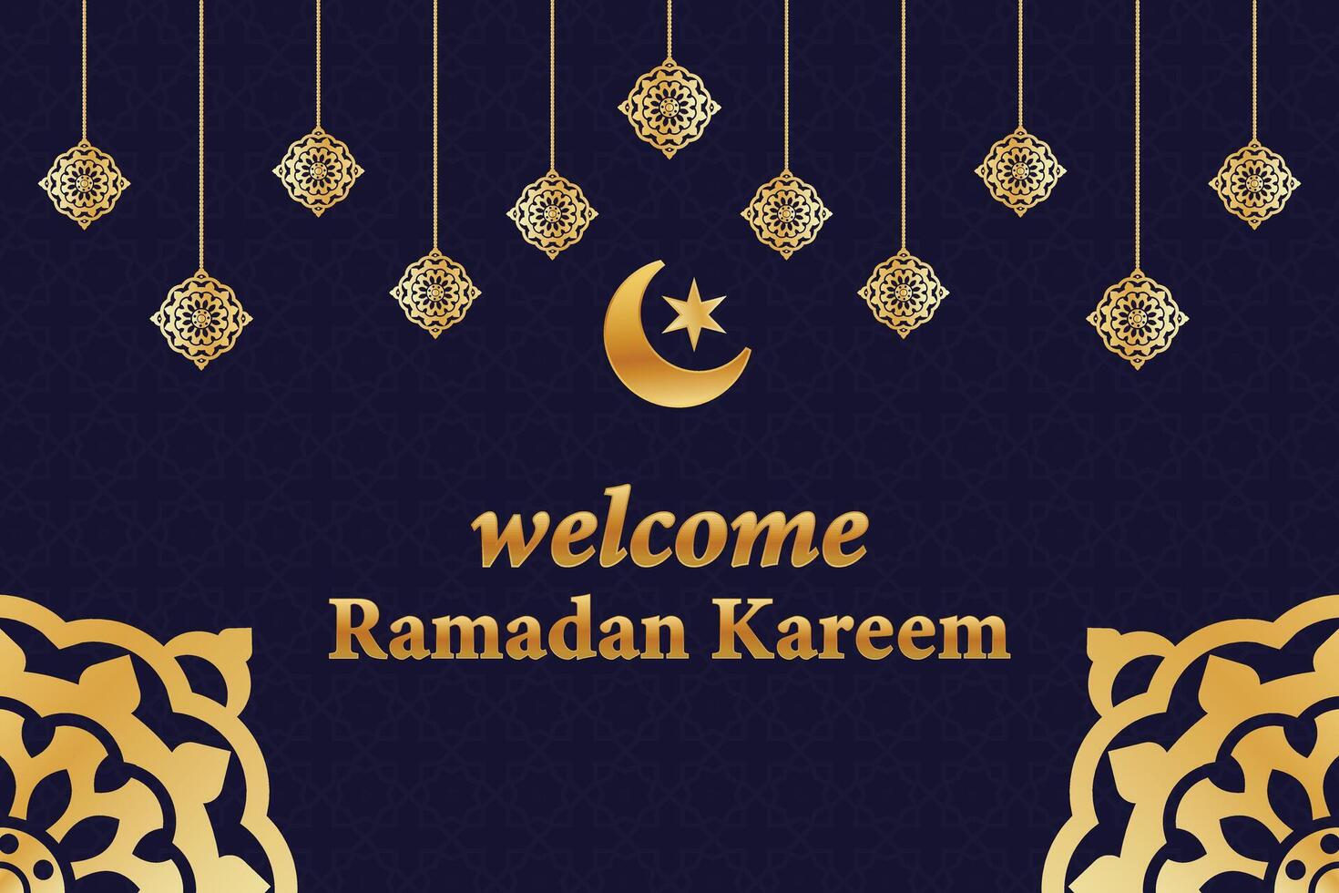 Welkom Ramadan kareem Islamitisch achtergrond met lantaarn halve maan maan sterren en mandala patroon gouden kleur Islamitisch hartelijk groeten. Ramadan mubarak Islamitisch festival decor heilig maand viering spandoek. vector