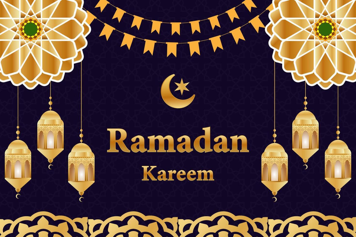 Ramadan kareem Islamitisch achtergrond met lantaarn halve maan maan sterren en mandala patroon gouden kleur Islamitisch hartelijk groeten. Ramadan mubarak Islamitisch festival decor heilig maand viering banier, uitnodiging. vector