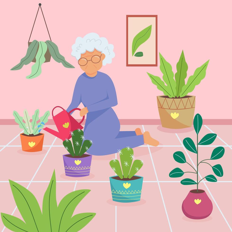 ouderen dame gieter planten Bij huis, nemen zorg van planten. vector