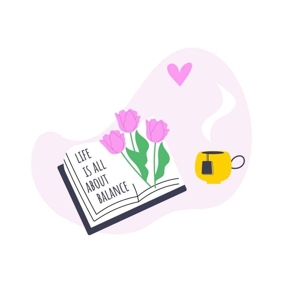 hand getekend illustratie van Open boek met roze tulpen en kop van heet thee. vector welness levensstijl concept.