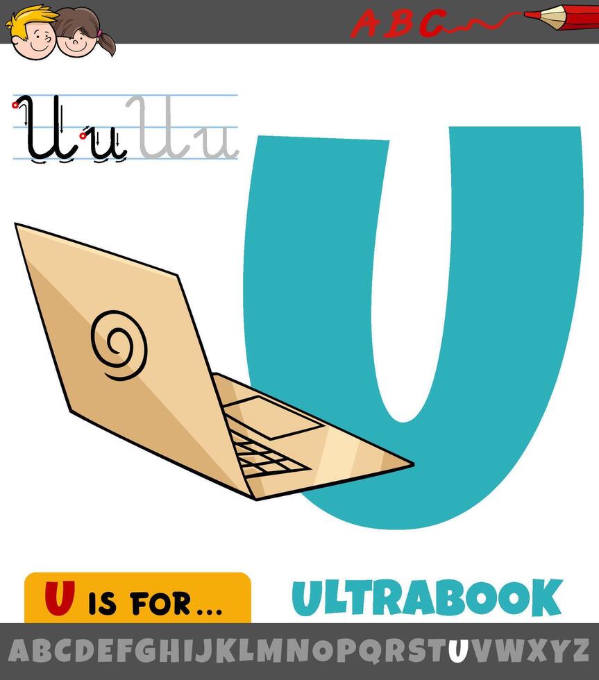 brief u van alfabet met tekenfilm ultrabook laptop vector