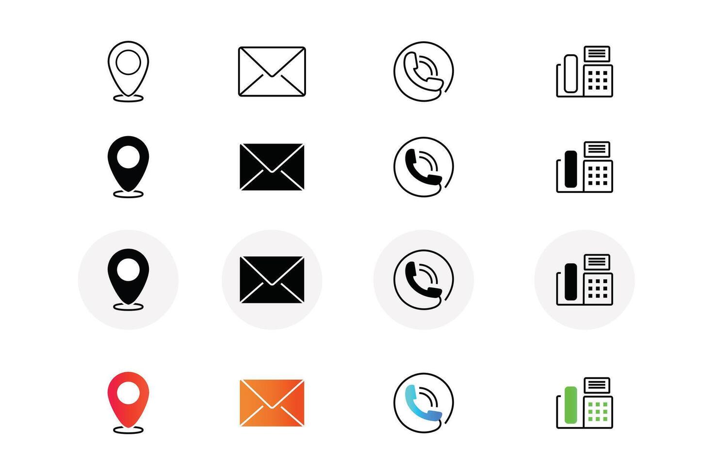 contact ons icoon reeks schets vector voor website en mobiel apps bedrijf vraagt bladzijde elementen, contact informatie icoon reeks voor online bedrijf kaart doel, telefoon telefoongesprek, e-mail, plaats, fax pictogrammen