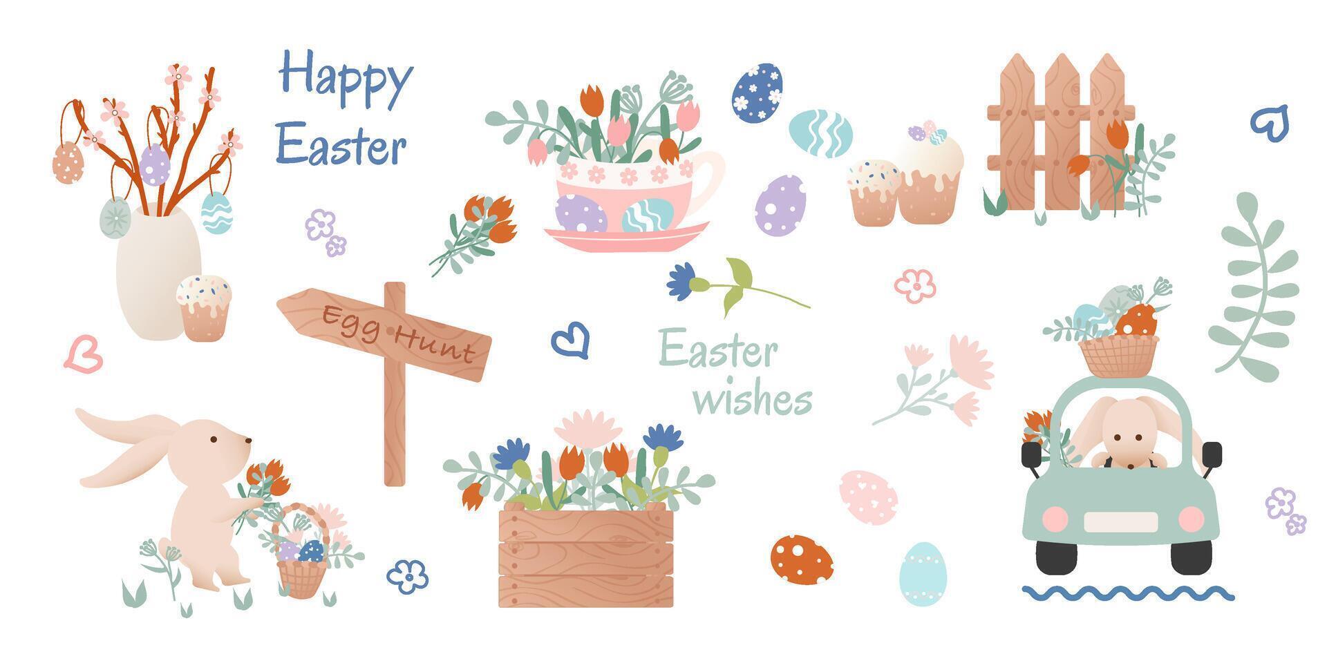 gelukkig Pasen klem kunst. reeks van tekenfilm tekens in retro stijl. Pasen konijn, auto met konijn, bloemen, mand met Pasen eieren. vector