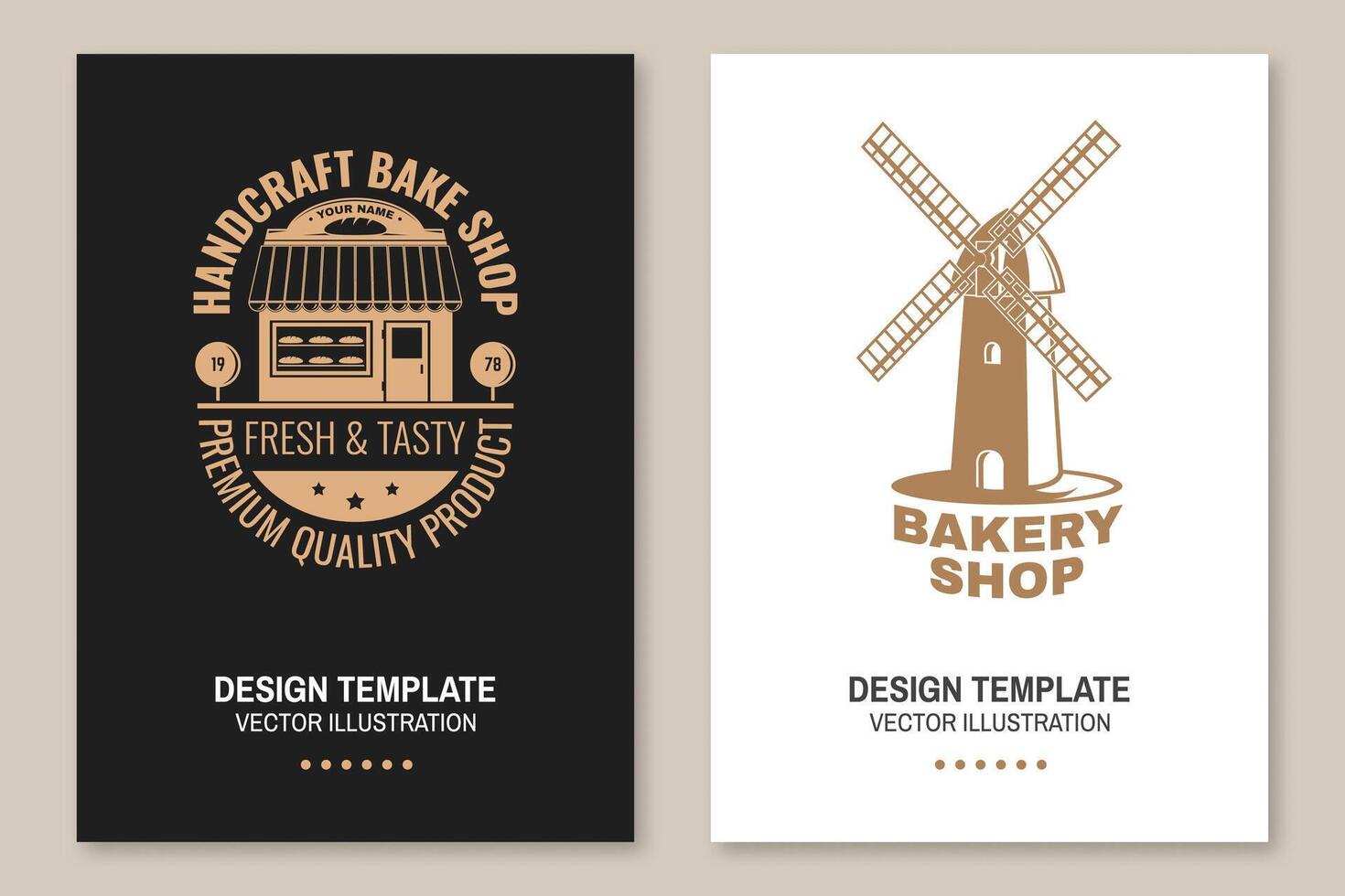 bakkerij winkel folder, brochure, banier, poster. vector. typografie ontwerp met windmolen silhouet. sjabloon voor bakkerij restaurant identiteit voorwerpen, verpakking en menu vector