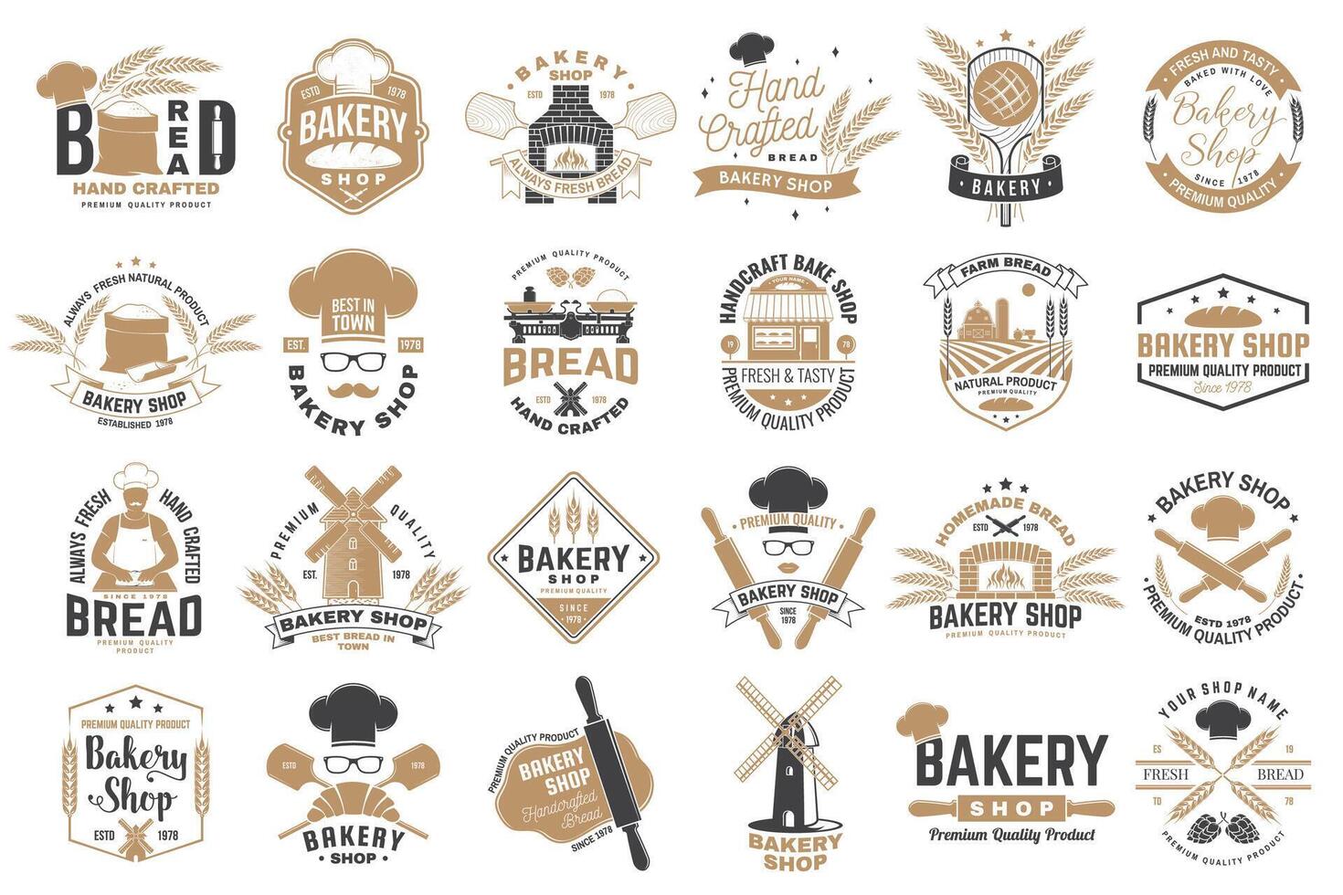 reeks van bakkerij winkel kenteken. vector. ontwerp met windmolen, rollend pin, deeg, tarwe oren, oud oven, houten brood schoppen silhouet. voor restaurant, bakkerij identiteit voorwerpen, verpakking menu vector