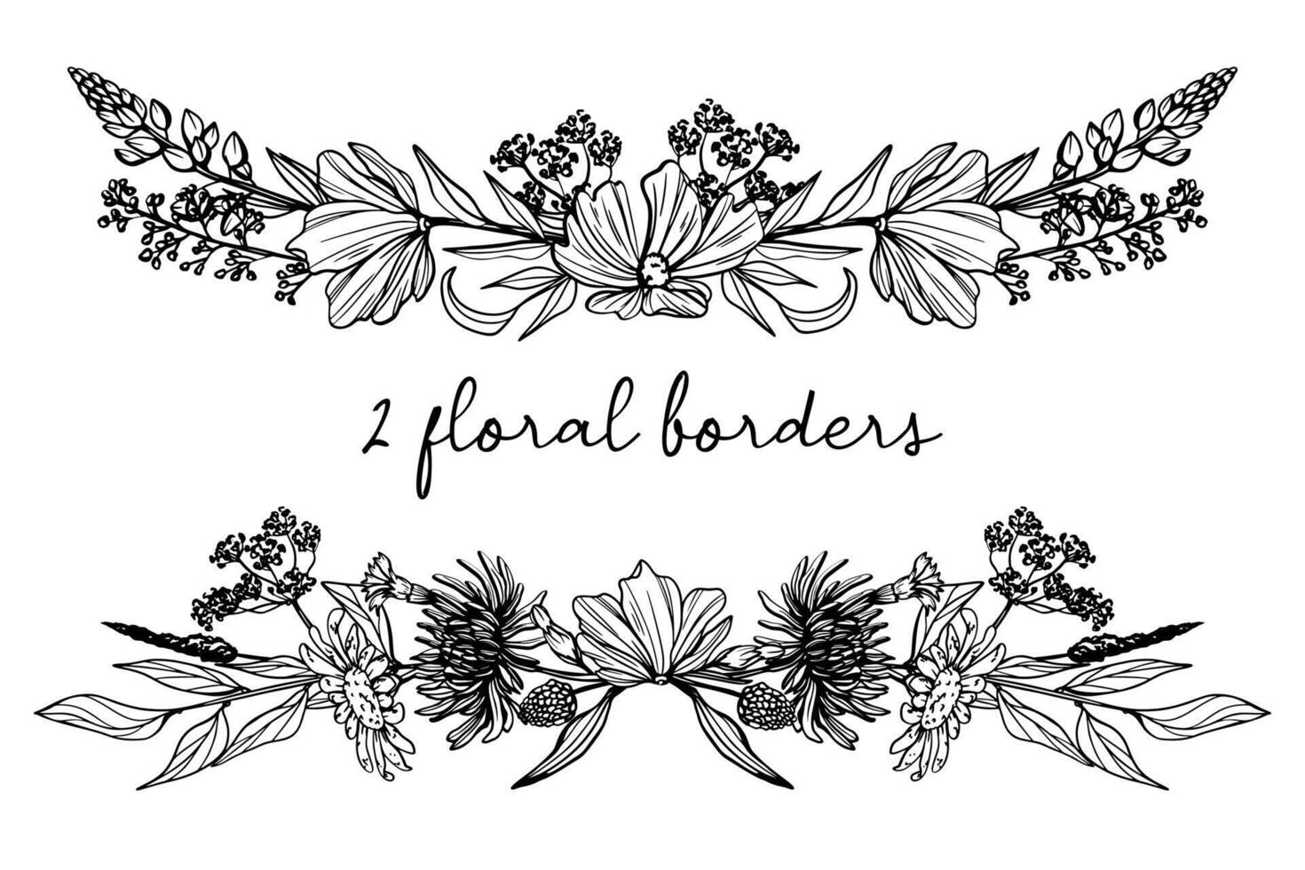 2 bloemen grenzen, schetsen hand- getrokken bloemen grens, tekening bloemen verdeler vector