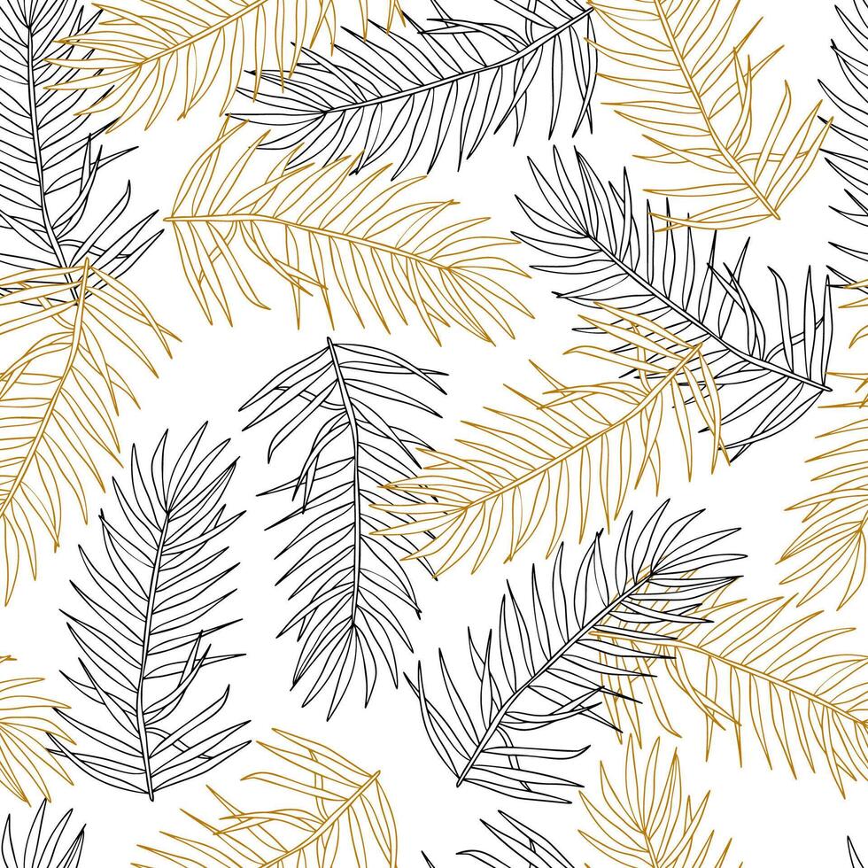 palm bladeren goud en zwart lijn schetsen hand- getrokken naadloos patroon vector