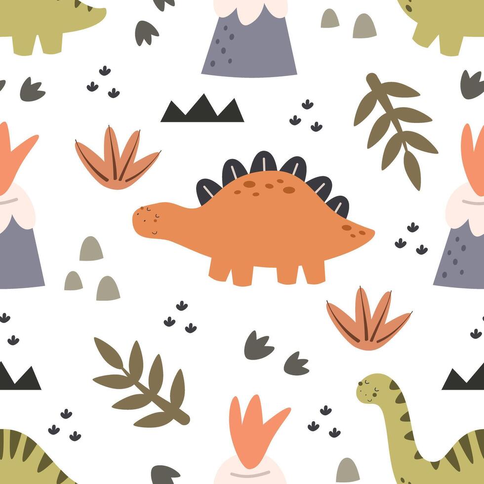 naadloos patroon met tekenfilm dinosaurussen, decor elementen. kleurrijk vector vlak stijl voor kinderen. dieren. hand- tekening. baby ontwerp voor kleding stof, afdrukken, wikkel, textiel