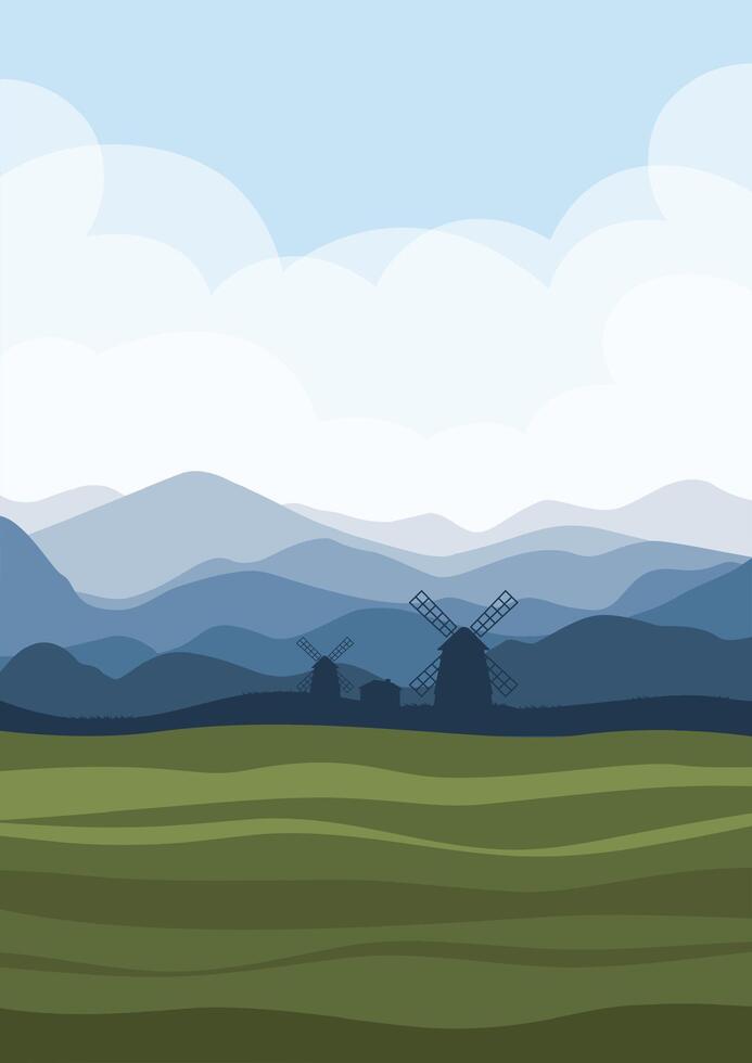 landelijk zomer landschap met windmolens in Holland illustratie. vector illustratie van mooi zomer velden