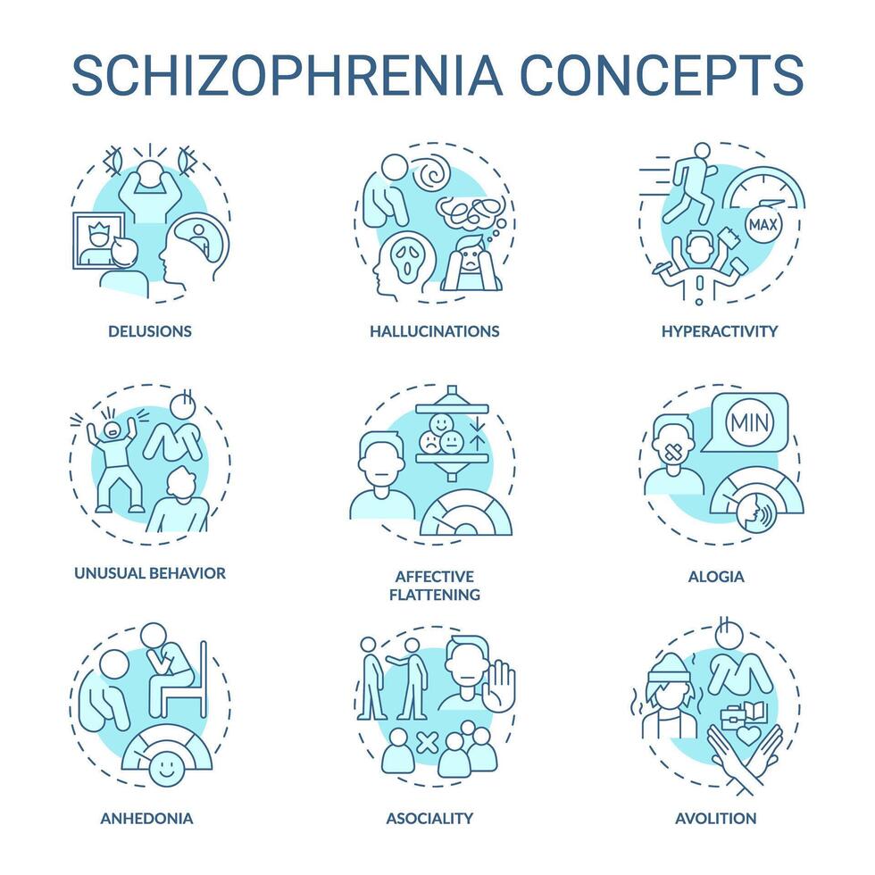 schizofrenie wanorde zacht blauw concept pictogrammen. icoon pak. vector afbeeldingen. ronde vorm illustraties voor infografisch, presentatie, brochure, boekje, promotionele materiaal, artikel. abstract idee