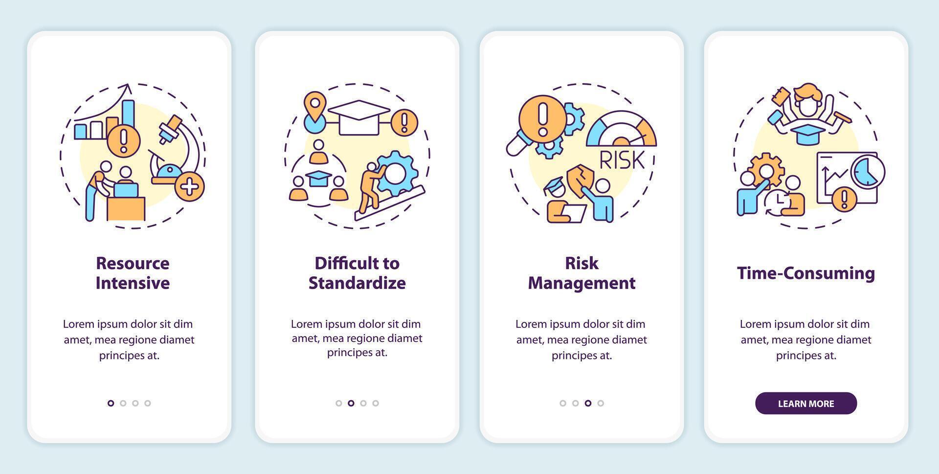 uitdagingen van onderwijs onboarding mobiel app scherm. probleemoplossing walkthrough 4 stappen bewerkbare grafisch instructies met lineair concepten. ui, ux, gui sjabloon vector