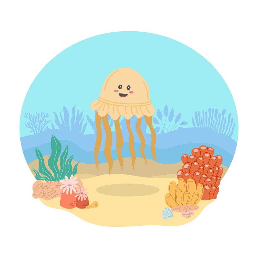 geel kwallen, zee dier tegen de backdrop van een zee of oceaan landschap. vector illustratie