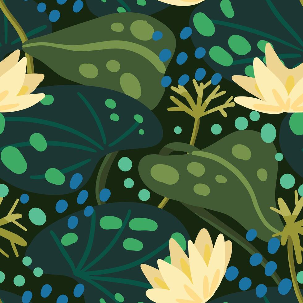 water lelie, bladeren, moeras planten. abstract vector naadloos patroon. gekleurde tekenfilm botanisch ornament. vers modern ontwerp voor afdrukken, kleding stof, textiel, achtergrond, behang, wrap, kaart, decoratie.