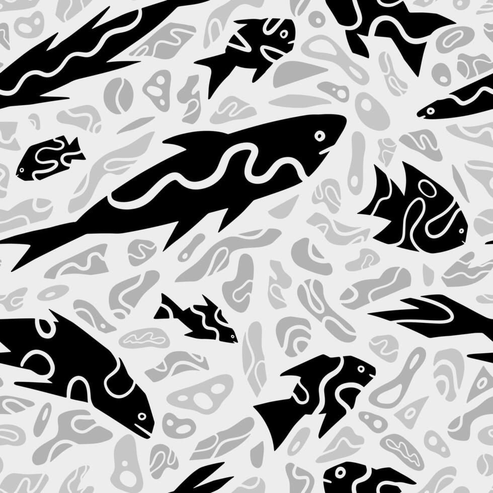 abstract vissen gemakkelijk meetkundig stijl ornament. naadloos patroon van onderwater- zee schepsels in primitief kunst stijl. hand- getrokken vector illustratie.