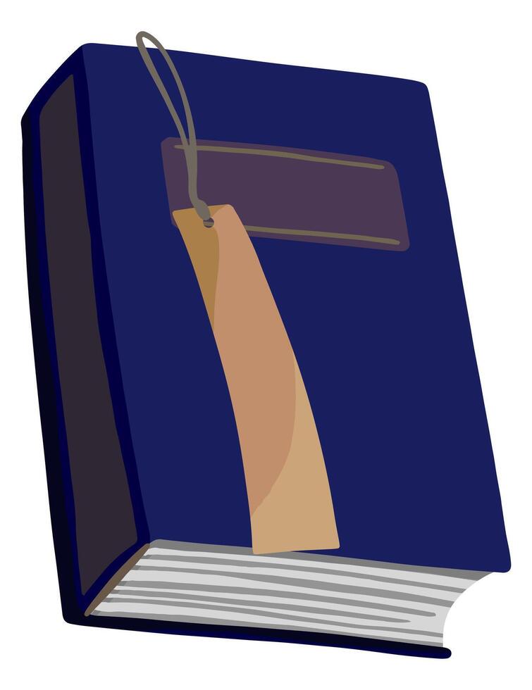 Gesloten blauw boek met bladwijzer. teken van bibliotheek, lezing. hand- getrokken vector illustratie. tekenfilm stijl clip art geïsoleerd Aan wit. kleurrijk single element voor ontwerp, afdrukken, sticker, kaart, logo, decor