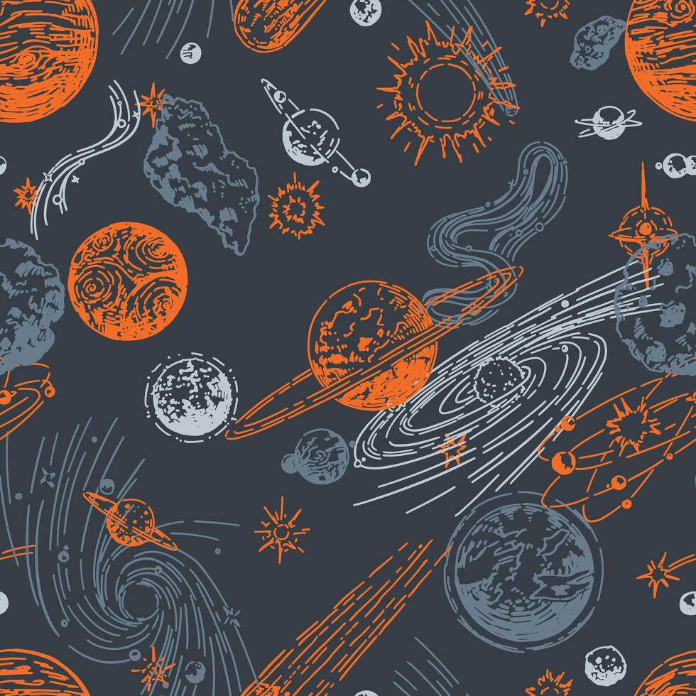 kosmisch ruimte naadloos patroon. abstract ornament van planeten, sterren, kometen, asteroïden, sterrenstelsels. hand- getrokken vector astronomie illustraties.